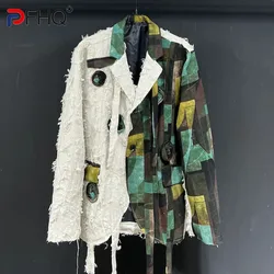 PFHQ Men's Colorful Printing Splice Suit Coat Casual Streetwear Handmade Flowers Personality Loose Button Blazers Autumn 21Z2903