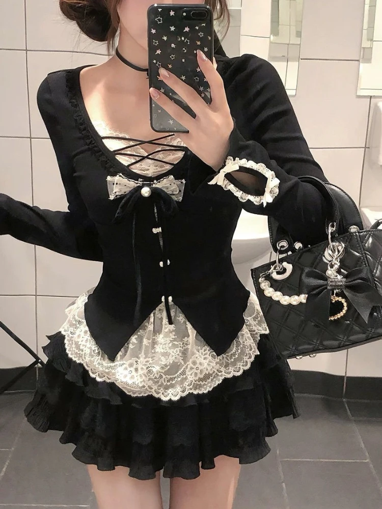 

Осенние милые комплекты в стиле пэчворк для девочек, элегантный тонкий топ с длинными рукавами + пышная полуюбка, костюм, корейский шикарный комплект из двух предметов, 2025