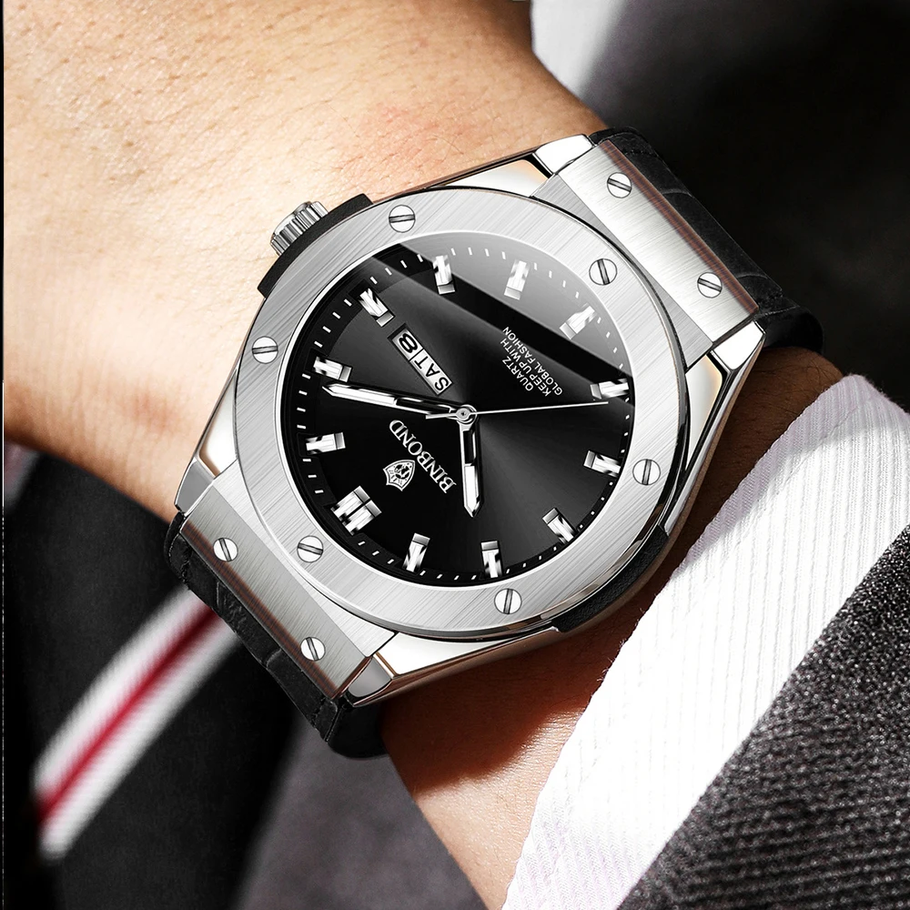 ساعات BINBOND Trend Fashion للرجال مقاومة للماء بحزام سيليكون أصلي كوارتز للرجال بمرآة معدنية وتاريخ الأسبوع