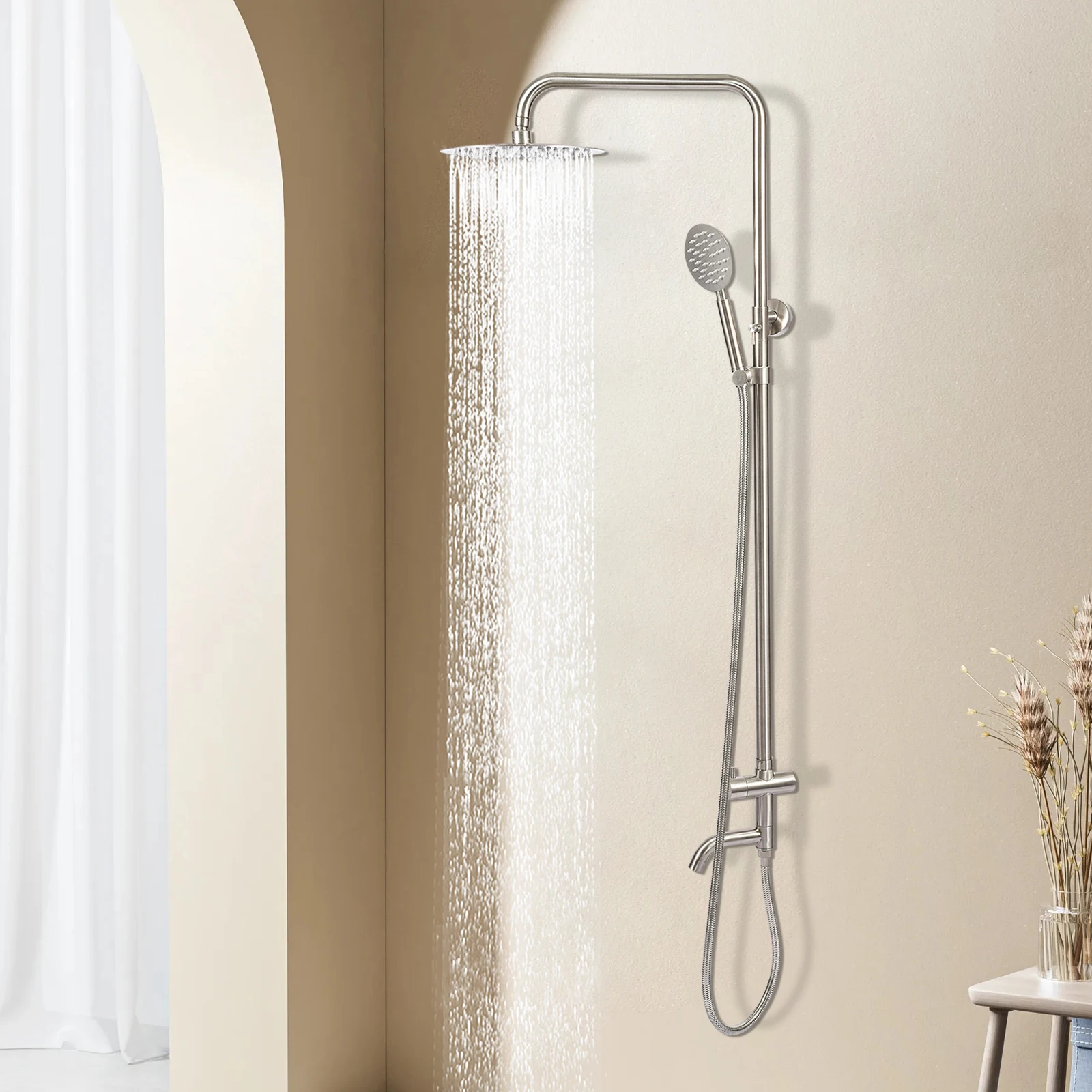 

304 Stainless Steel Shower Faucet Set Rainfall Shower Head Combo Set Tub Spout With Hand Shower