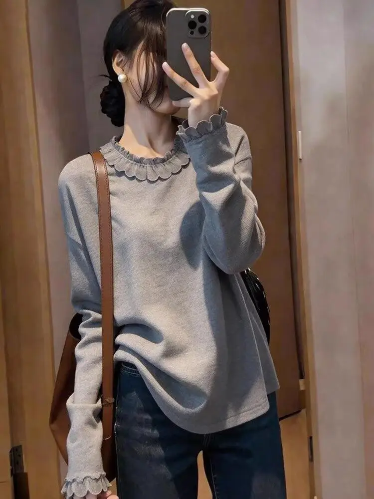 

Ele Commuter Sle Knitted Top Women's Loose Long Sve Faion Design Sensation Meat Conceal Thin Illusion Wooden