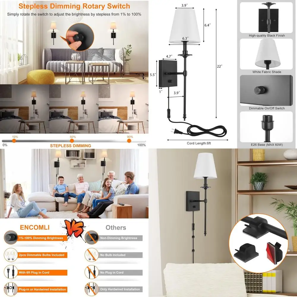 

Pair of Adjustable Wall Sconces with White Fabric Shades, LED Included, Black Finish, Suitable for Bedroom and Living Room