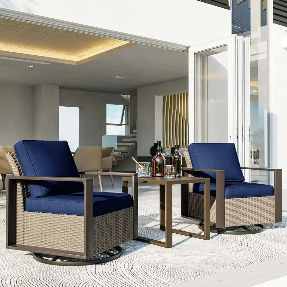 

Blue Outdoor Swivel Rocker Patio Chair Set with Side Table and Deep Seating Cushions