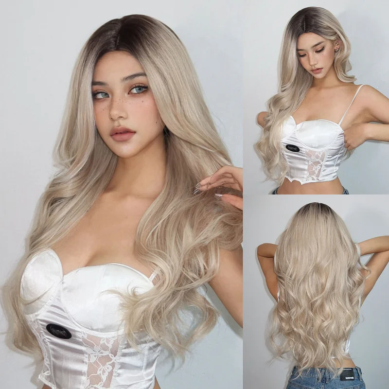 

Ash Blonde Long Fluffy Wavy Synthetic Dark Root Daily Use Middle Part Hair Wigs