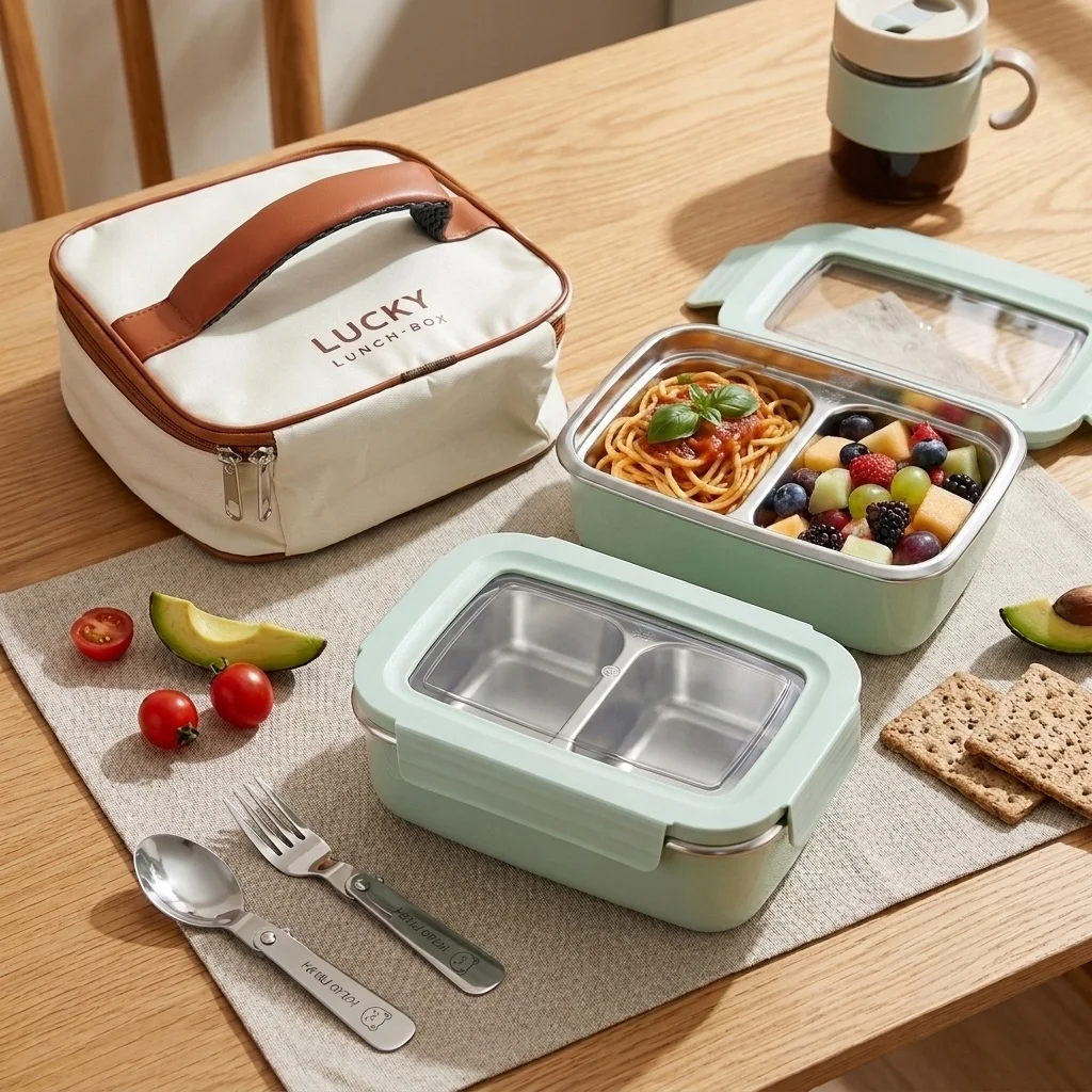 304 Stainless Steel Bento Lunch Box For Kids Students Portable Sealed Fruit Salad Food Container With Compartment Microwave Safe
