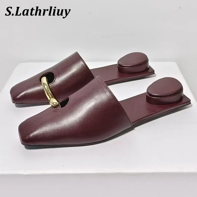 

Summer Genuine Leather Metal Ring Flat Slipper Women Square Head Outdoor Half Slipper Spit Toe Lazy Mules Shoes Fashion Sandals