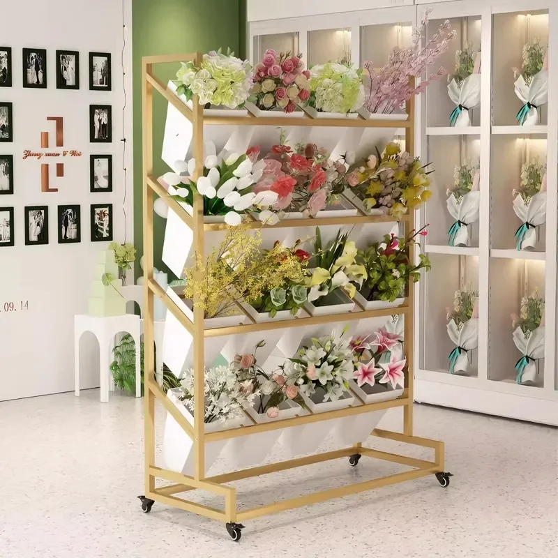 Customizable Rotatable Mobile Flower Display Shelf for Flower Shop Design Metal Multi-layer Flower Rack Stand
