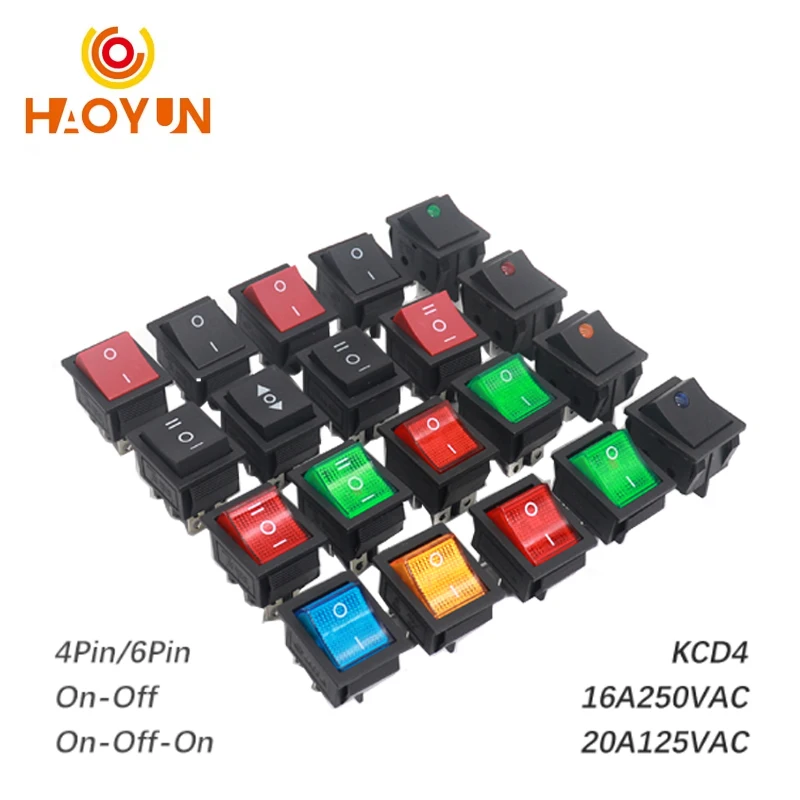 【5-1PCS】KCD4 Rocker Switch On Off 6 Pin With Led 4 16A 250V 220V T85 20A Small 6Pin 4Pin Light For 2 Position 220 230V Lamp 10A