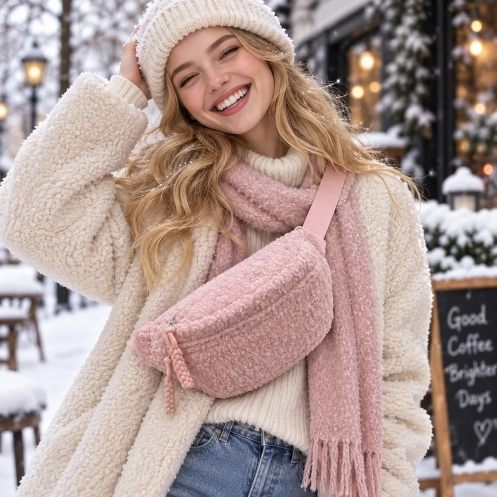 Cute Winter Fleece Crossbody Bag Casual Waist Bag Zipper Closure Solid Color Fanny Pack For Women Men
