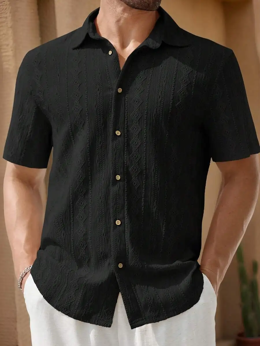 Manfinity VCAY HIMLAND Men's Casual Linen-Like Black Short Sleeve Shirt,Mandarin Stand Collar,Textured Seersucker,Lightweight