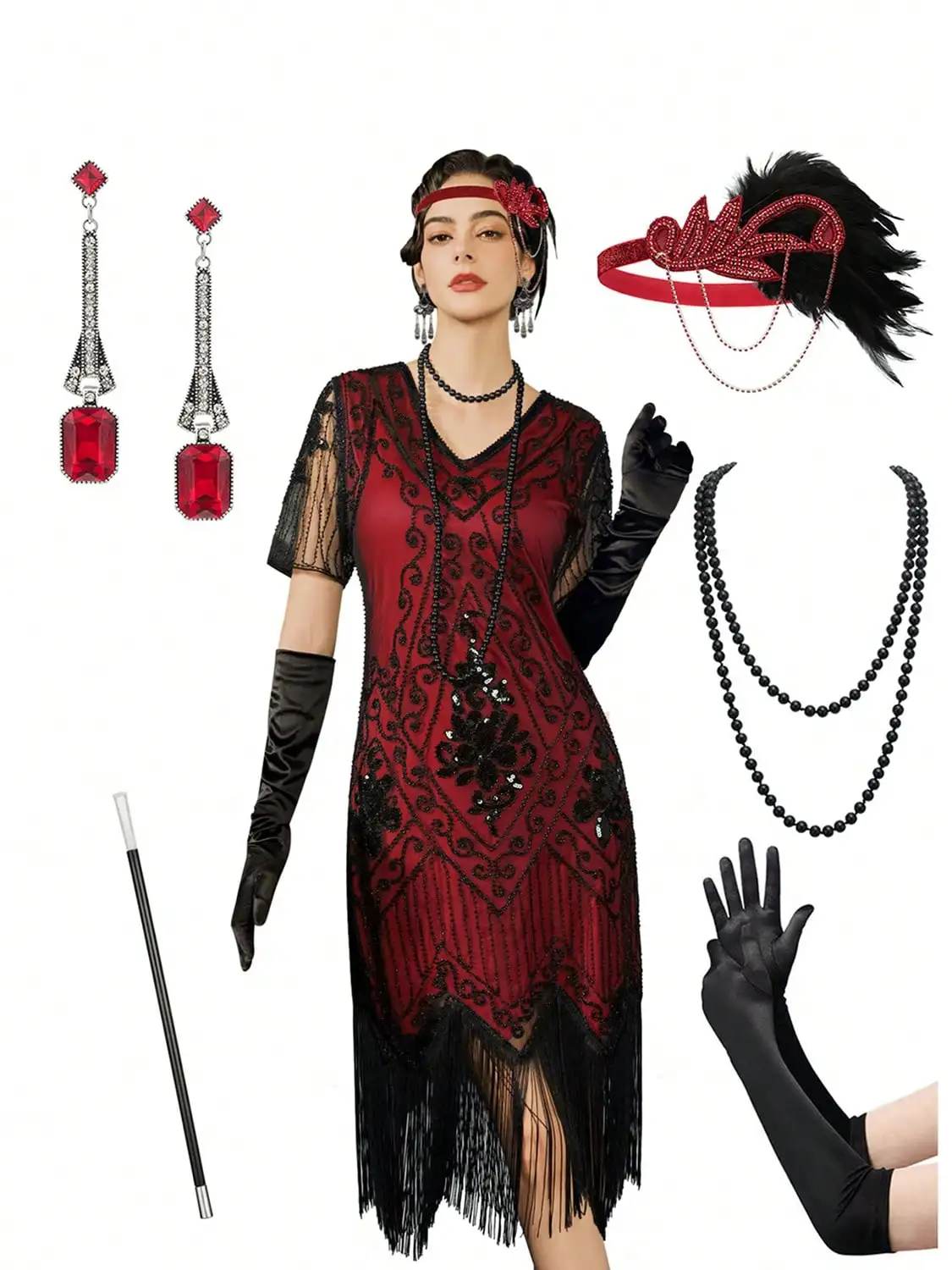

Plus Size Red Flapper Dress with Black Fringe & Sequins, 1920s Style Costume Set for Halloween or Party
