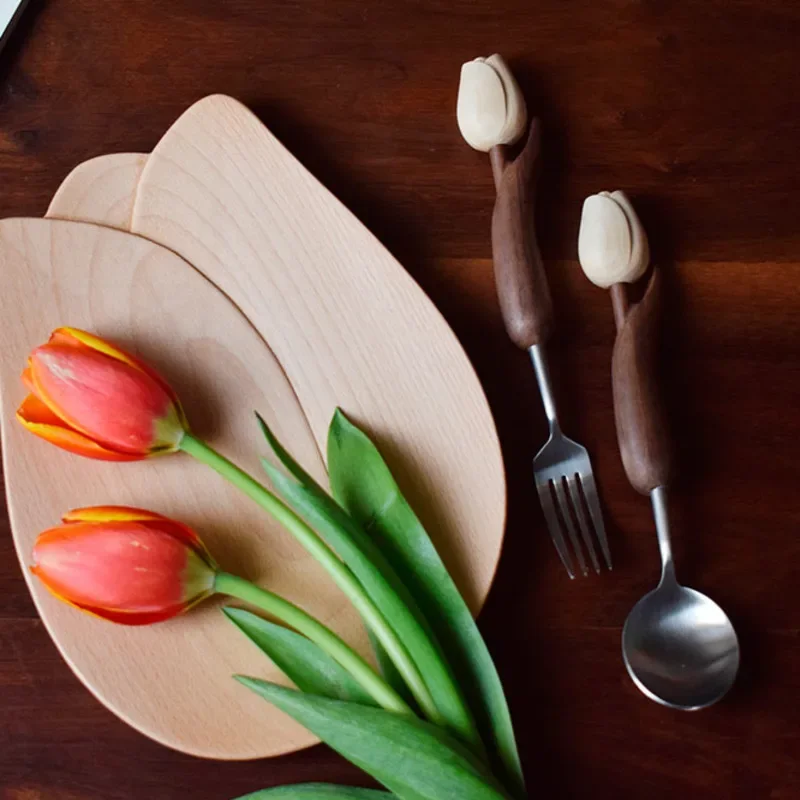 Stainless Steel Cutlery Set Western Food Spoon Japanese Wooden Handle Dessert Spoon High Appearance Level Tulip Household