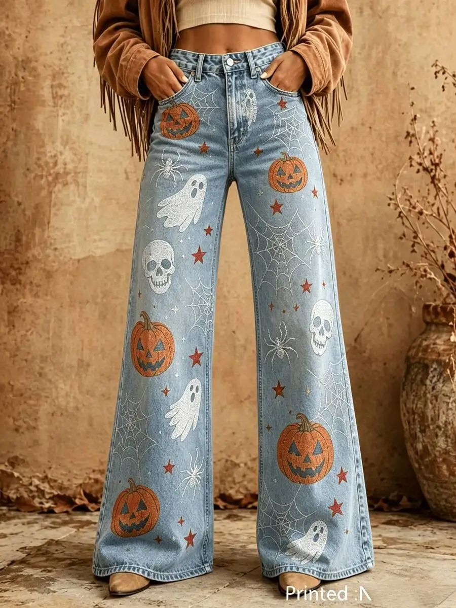 Halloween Women'S Vintage Butterfly Digital Print Washed Blue Wide Leg Pants, Casual Spring Fall Vacation Loose Trousers Capri Jean New Fall Style