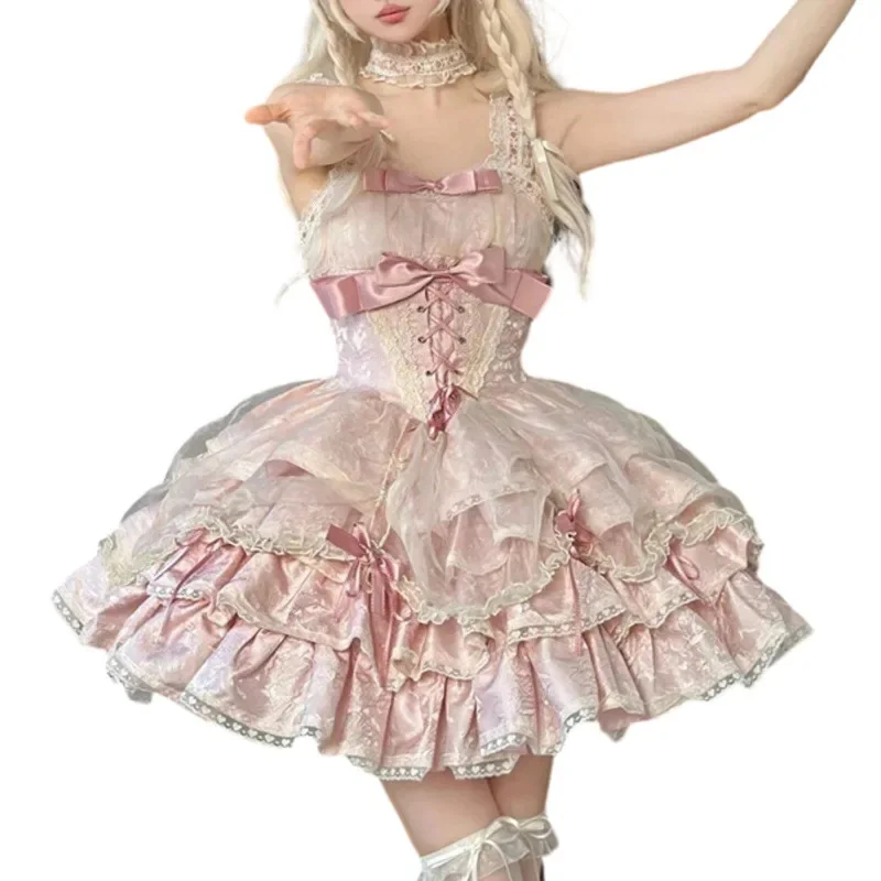 Lolita arco vestidos de renda y2k jk original jsk borboleta doce azul rosa em camadas plissado espartilho roupa princesa festa cosplay meninas