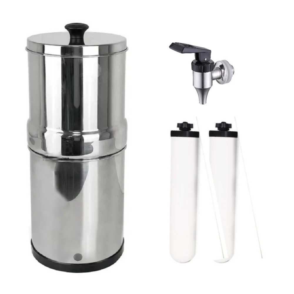 S/S 2.3 Gallon Big Capacity Gravity-fed Water Filtration System with 2 Ceramic Filters for Camping