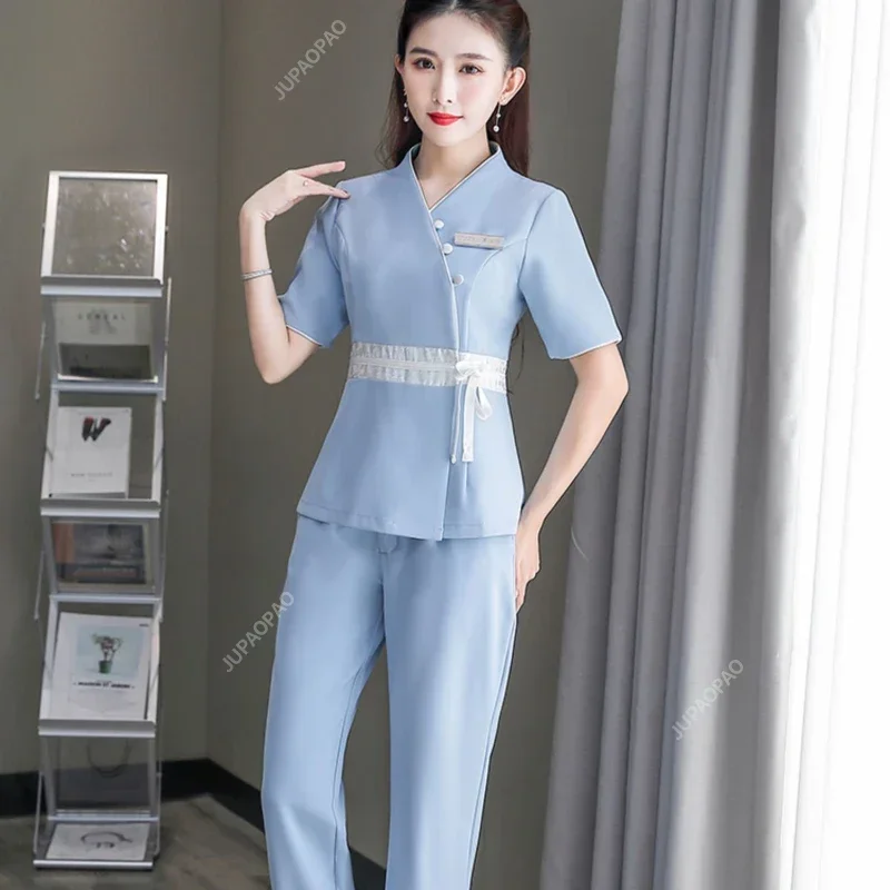 Elegante retro uniformes de massagem uniforme roupas de trabalho de beleza cosme tonólogo roupas spa uniformes feminino esteticista traje massagem