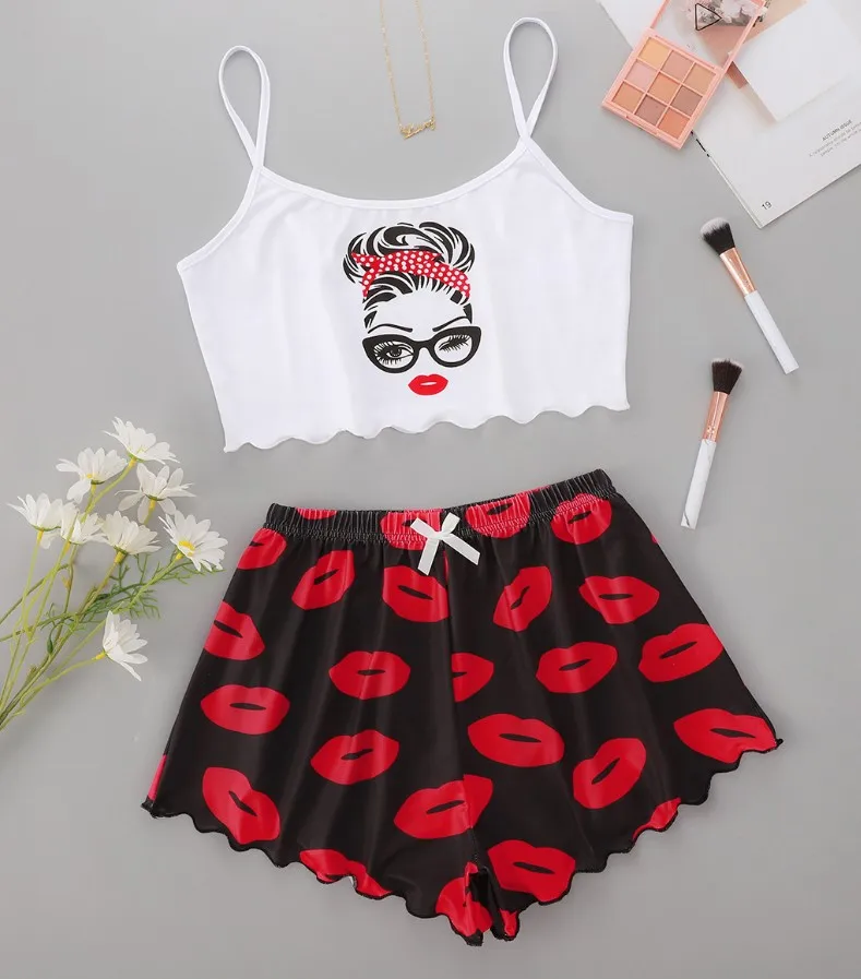   Ensemble pyjama décontracté pour femmes, vêtements de maison, écharpe imprimée, vêtements confortables, idéal pour l'été