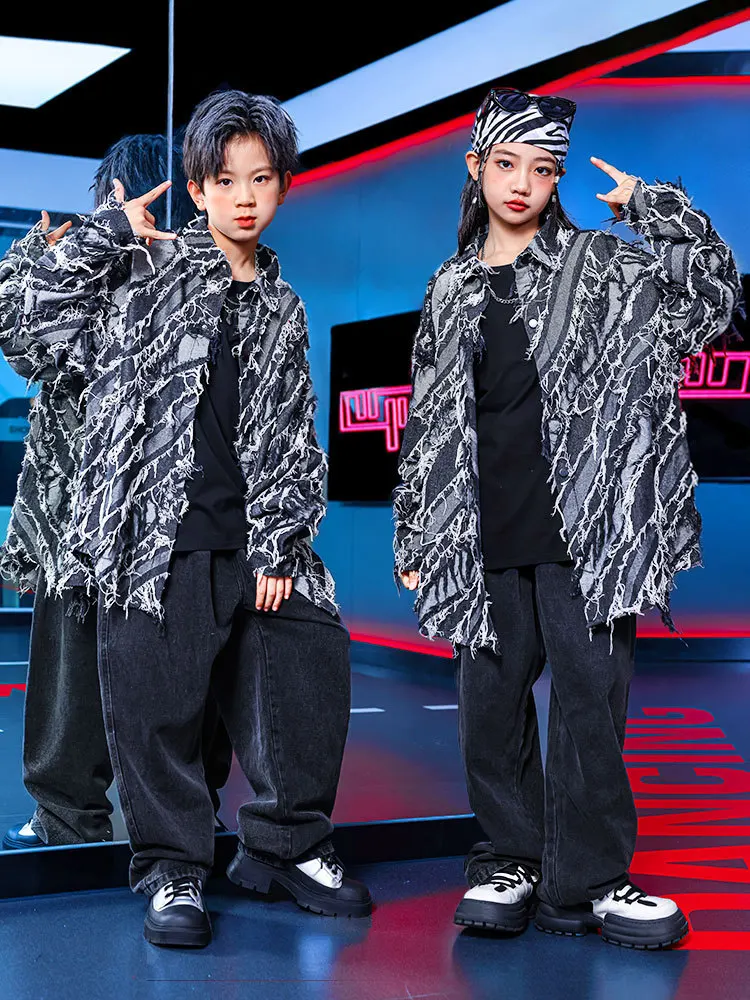 

Kid Hip Hop Clothing Washed Black Raw Hem Denim Shirt Top Casual Jeans Baggy Pants for Girl Boy Jazz Dance Wear Costume Clothes