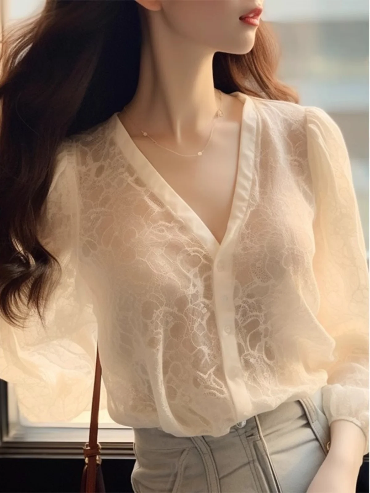 Ele Long Sve Lace irt feminino verão fino V-Ne proteção solar top suave europeu Sle commute solto ajuste botão D...