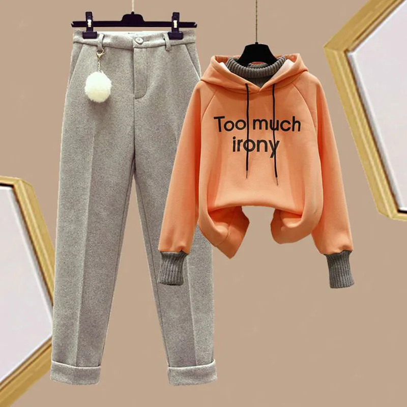 

New Autumn Winter Plus Fleece Thicke Trousers Suit Women's Korean Loose Fake Two Hoodie Casual Woolen Pants Two-Piece Sets Grey