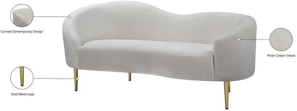 Velvet Upholstered Loveseat with Sturdy Metal Legs in Rich Gold Finish, Cream, 67" W x 31.75" D x 30.5" H image 6