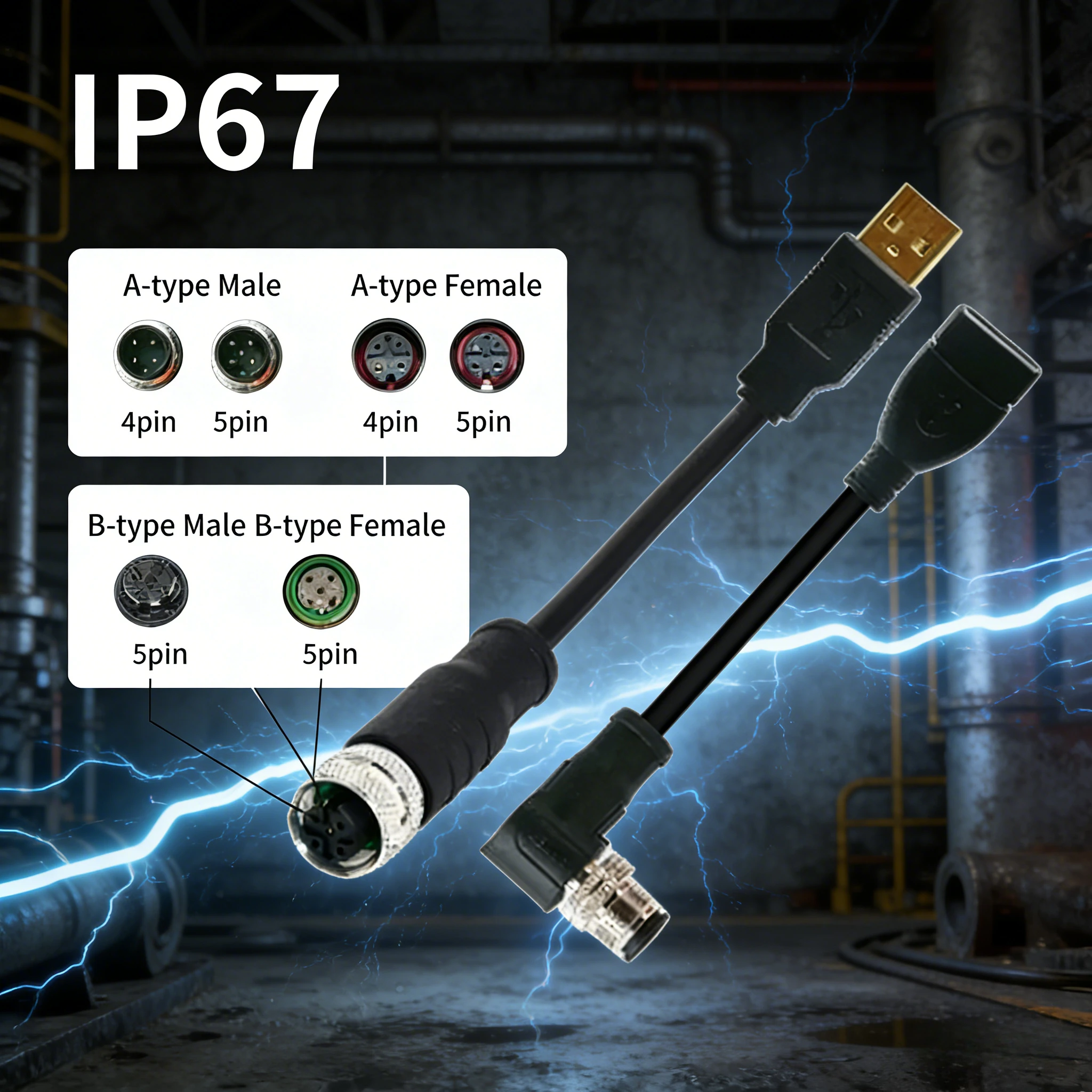 Industrial USB to M12 Male\Female Extension Line USB to M12 Cable Connector 4Pin 5 Pin A/D/B Code to USB Scanner Cable Camera