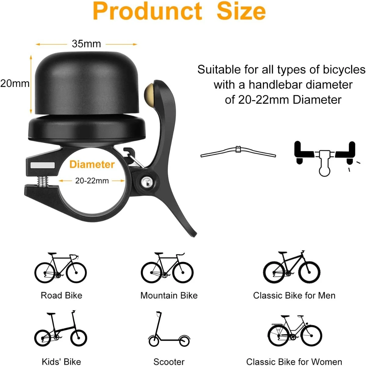 Safe Anti Theft Bicycle Bell for Apple AirTag, Copper Alloy Bike Ring Bike Accessories with Loud Sound for 22mm Bike Handle