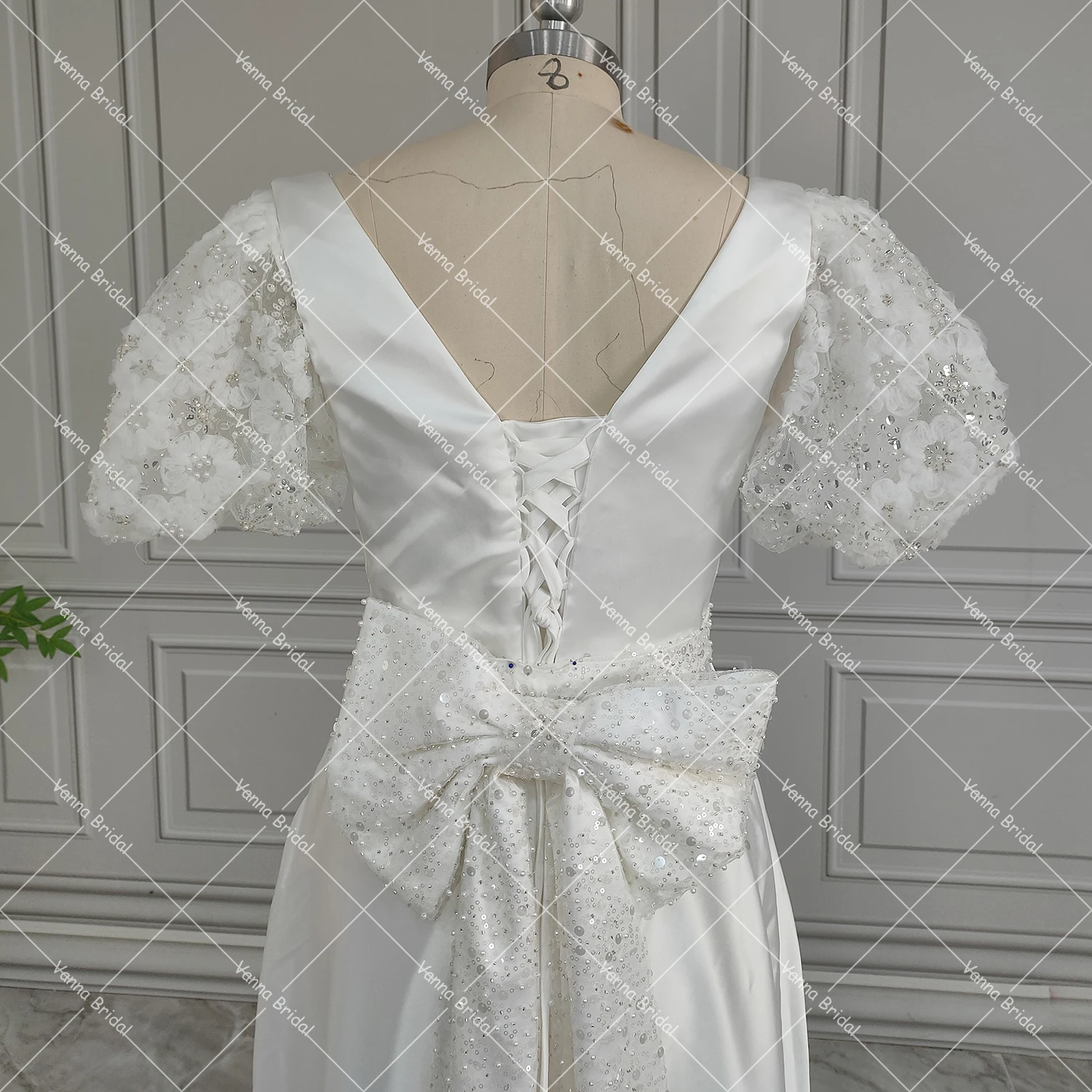 Customized Beading Luxe Wedding Dress Short Puffy Sleeves Corset Surplice V Neck Real Photo High Slit Detachable Bow Bridal Gown