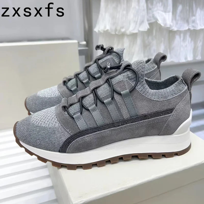 

Summer Breathable Platform Flat Shoes Women Thick Sole Knitted Brand Sneakers Lace Up Casual Walking Shoes For Woman