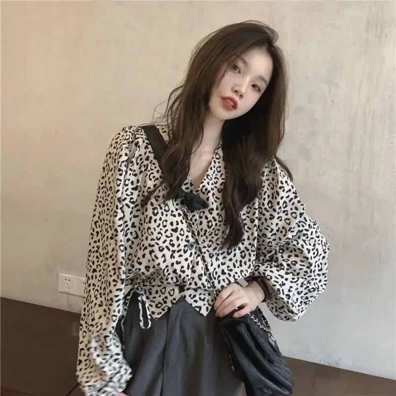 Leopard Long-sleeve Shirts Women Spring Vintage Drawstring Cropped Shirt Chic Female Tops Casual Streetwear Lovely Sexy Stylish