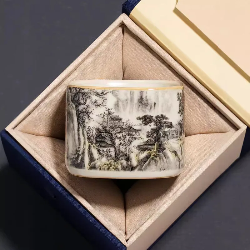 Ru Kiln Ink Landscape Chinese Square Cup Tea Cup Personal Special Ceramic Exquisite Master Cup Tea Tea Set