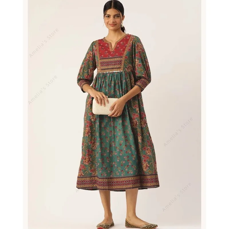 

Indian Dress Boho Floral Print Midi Dress for Women Vintage V-Neck Empire Waist Three Quarter Sleeve A-Line Vacation Frock