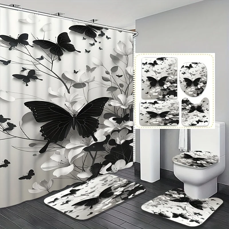 

4pc Black butterfly and white floral pattern bathroom set, shower curtain, U-shaped mat, non-slip mat, toilet seat cover.