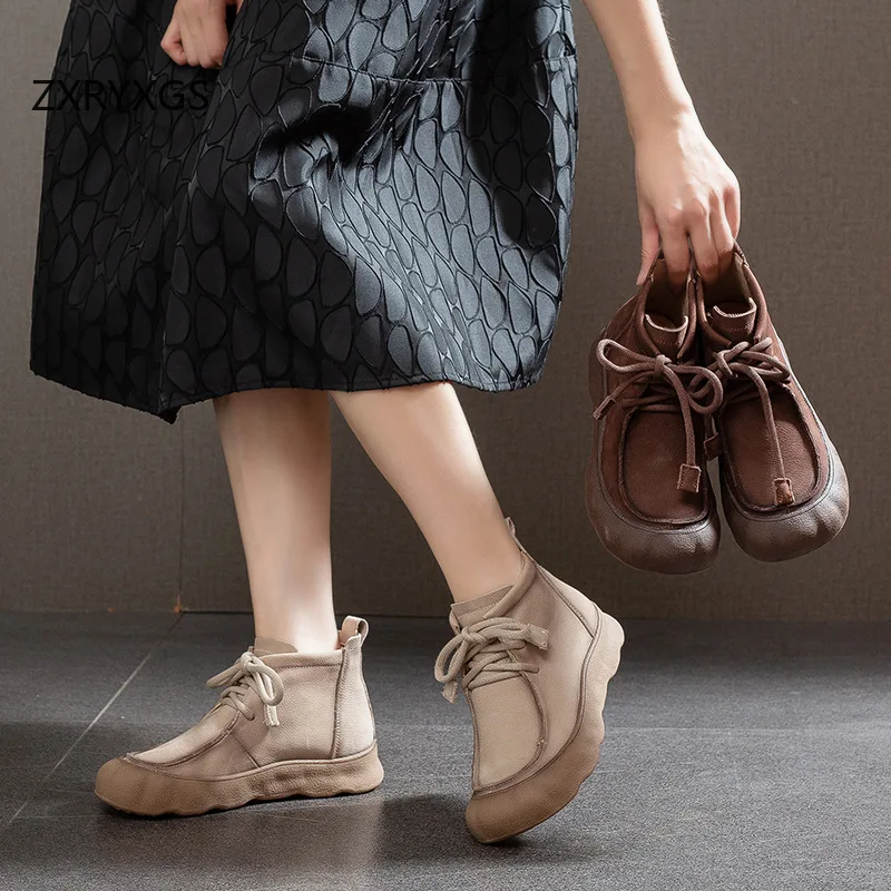 

ZXRYXGS 2025 New Autumn Round Toe Lace-up Full Real Leather Boots Flat Thick Sole Comfortable Trendy Boots Women Shoes Boots