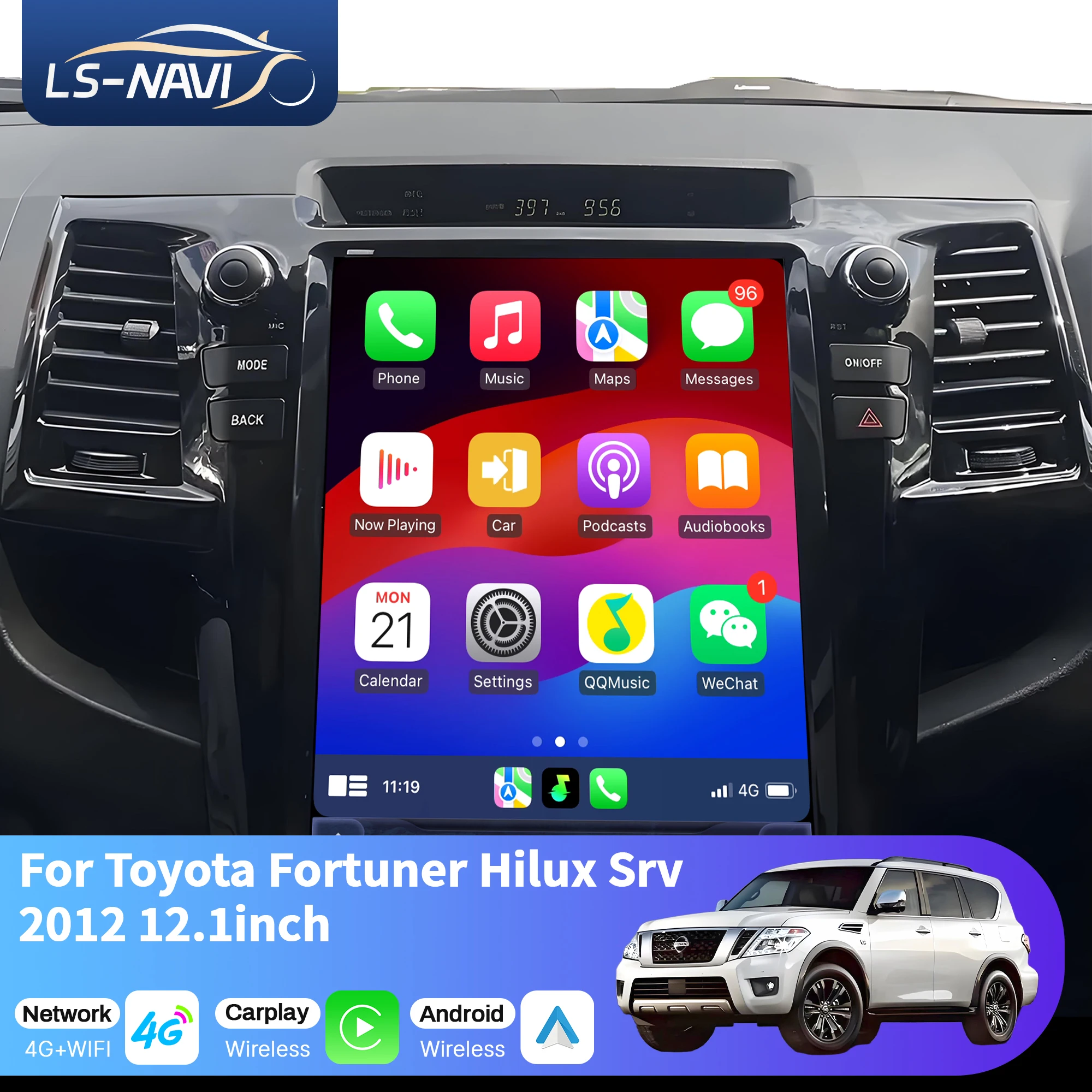 

12.1 inch Car Radio For Toyota Fortuner Hilux Srv 2012 Android 14 4G Head Unit Wireless Bluetooth CarPlay Touch Screen Stereo
