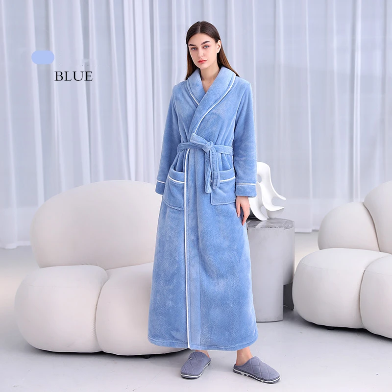 Super Long Thick Warm Flannel Bathrobe Large Lapel Ankle Length Coral Fleece Bath Robes Women Soft Dressing Gown Lovers Winter