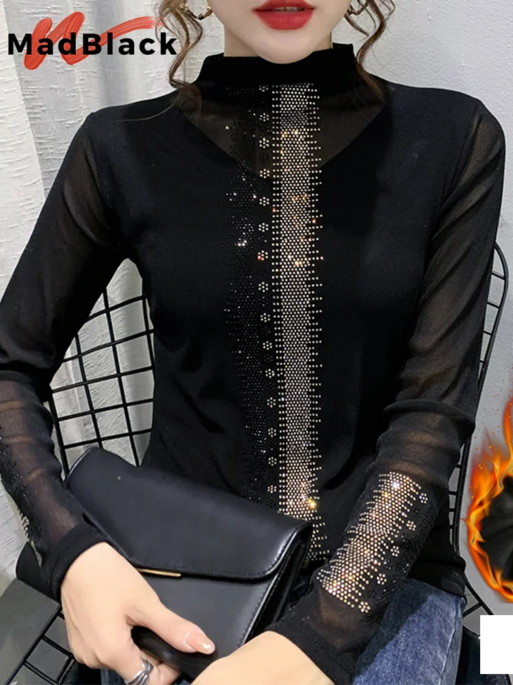 

MadBlack European Clothing Tshirt Women Turtleneck Hot Drill Warm Fleece Slim Mesh Top Long Sleeve Tees Autumn Winter T37056JM