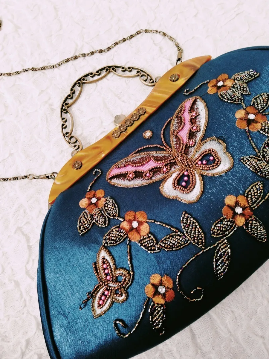 Lost in Vintage Monsoon Accessorize Clutch Bag Pink Butterfly Butterflies Embroidery Retro Hand Beaded Satin Butterft Purse Art