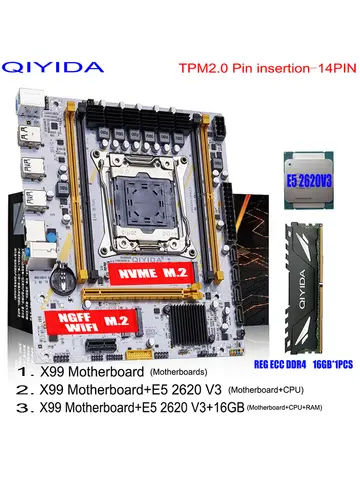 Bilashmart Qiyida X99 motherboard set LGA2011 3 Xeon E5 2620 V3 DDR4 16GB REGECC memory USB3.0 NVME M.2 NGFF WiFi SATA3.0 Server TPM2.0 K9S
