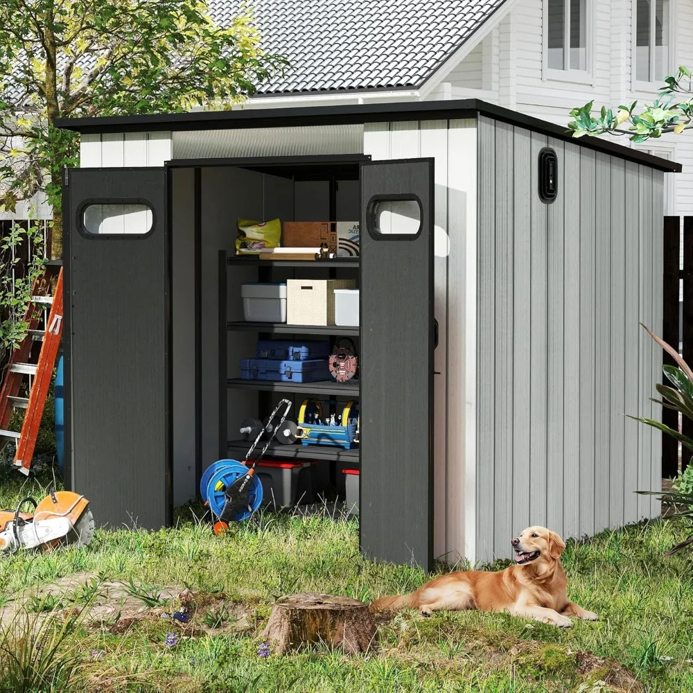 

Наружный навес для хранения из смолы 6x8 футов с ковриками, всепогодные наклонные пластиковые навесы для хранения с запираемыми дверцами и вентиляционными отверстиями