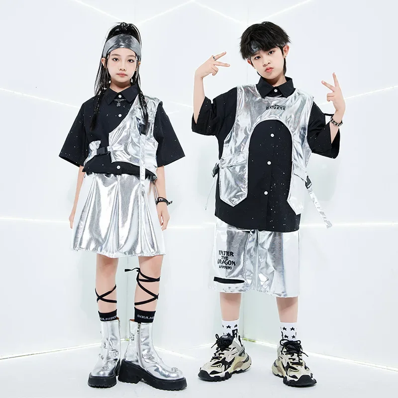 Hip Hop Kids Dance Costume Summer Black Short Sleeve Shirt Boy Girl Jazz Performance Clothes Silver Vest Shorts Skirt Stage Wear