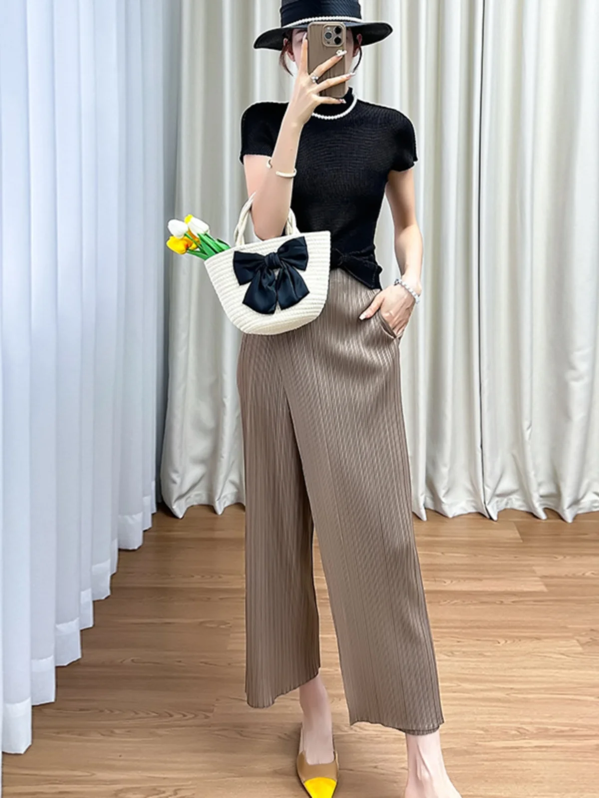 

Ele Godd Sle Fitted Pleated Elastic Top with Side Tie Long Pants Women's Summer Outfit Straight Tube Silken Blouse