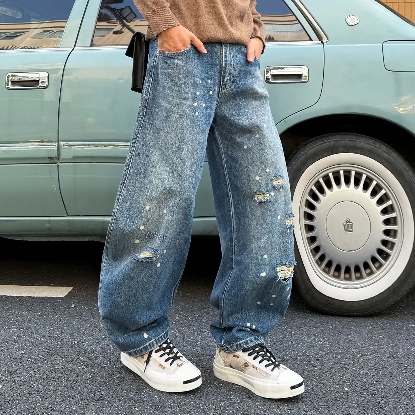 American-Style Ripped Jeans with Ink Splatter, Trendy Men's Jeans, 2026 New Model, Washed Wide-Leg Pants, Plus-Size Pants