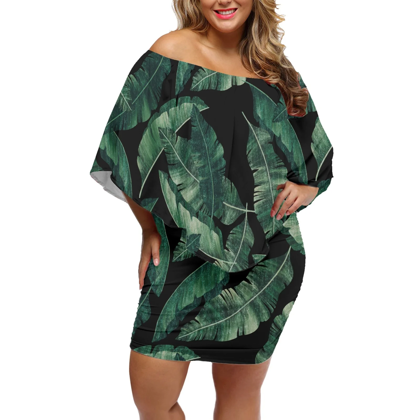 Hawaii Tribe Elegant Summer Women's Clothing Women Party Dress Palm leaves Printing Off Shoulder Bat Sleeves Buttocks Skirt