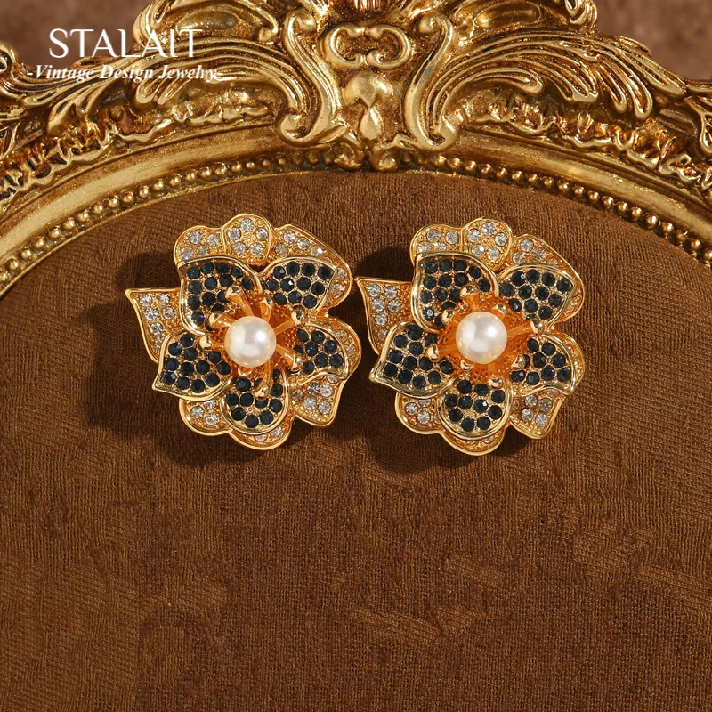 

Винтажные серьги-гвоздики со стеклянным жемчугом и цветком золотого цвета, женские серьги-гвоздики с лепестками и листьями, стразы, аксессуары для вечеринок, трендовые ювелирные изделия 2023 года, новинка