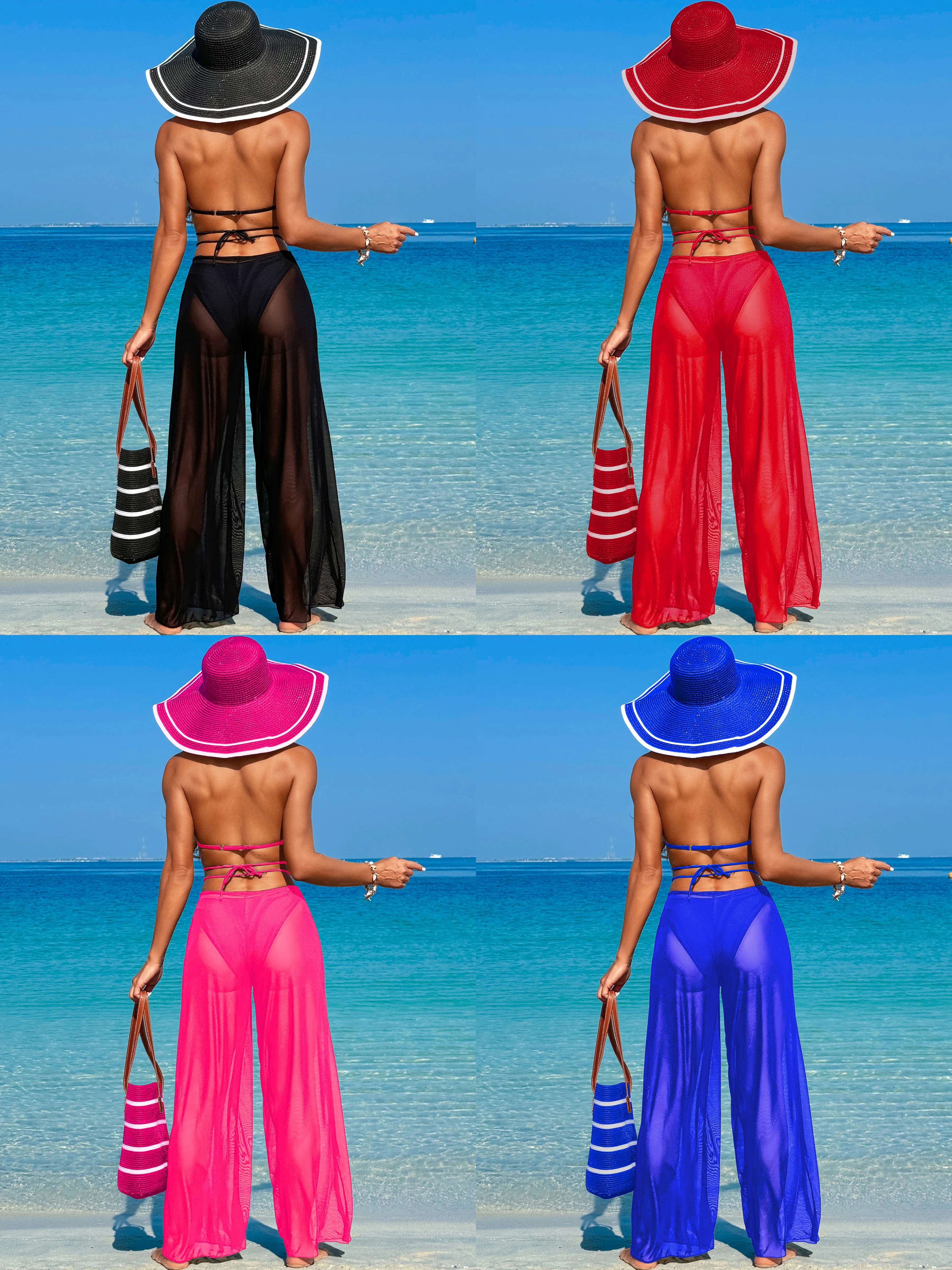 Bikini sexy de malla transparente con escote en V profundo, vendaje acolchado con cordón, traje de baño de tres piezas, vacaciones en la playa de verano