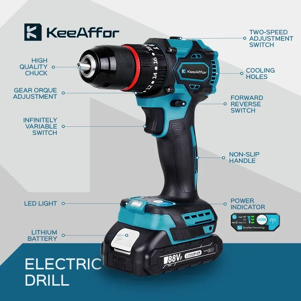 KEEAFFOR 1200W 450NM Torque Brushless Electric Impact Drill 20Gears Electric Screwdriver Cordless Tools For Makita 18v Battery