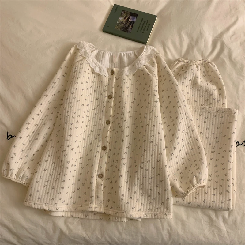 

Plus Size Air Cotton Long Sve Thiened Cotton Lace Floral Home Clothes Set for Women Sweet Sle Autumn Winter Pjamas for Women