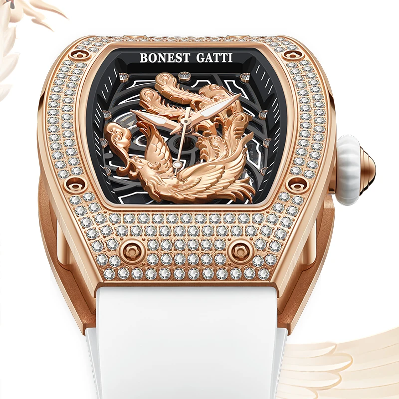 BONEST GATTI Phoenix Cry Series Automatic Mechanical Watch | German Brand New Model Diamond-Inlaid Case Skeleton Dial Wristwatch