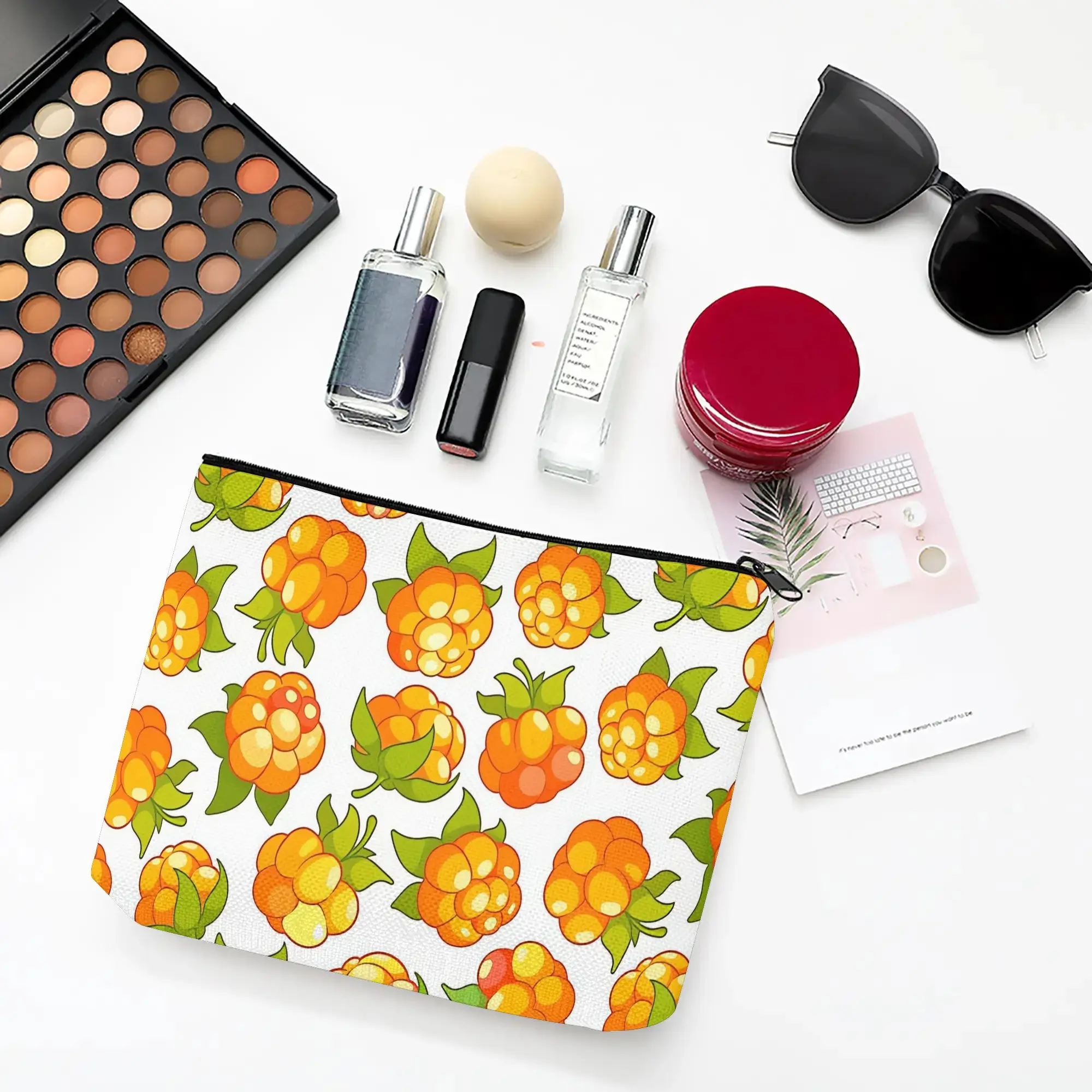 1 Piece of Makeup Bag with Cloudberry Pattern Printed on a White Background - Multifunctional Zipper Bag for Women, Perfect Travel Zipper Storage Bag, Fun Birthday Gift